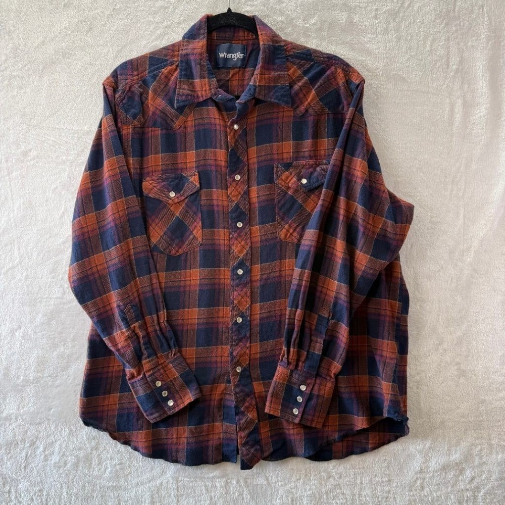 Wrangler Mens XL Western Flannel Shirt Pearl Snap Plaid Orange Navy Cotton